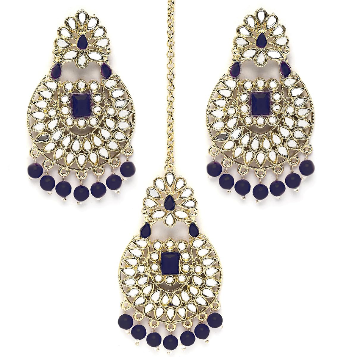 Karatcart Gold Plated Mirror and Navy Blue Beads Studded Dangler Earring and Maangtikka Set (B0CQHL84GF) Amazon Price History, Amazon Price Tracker