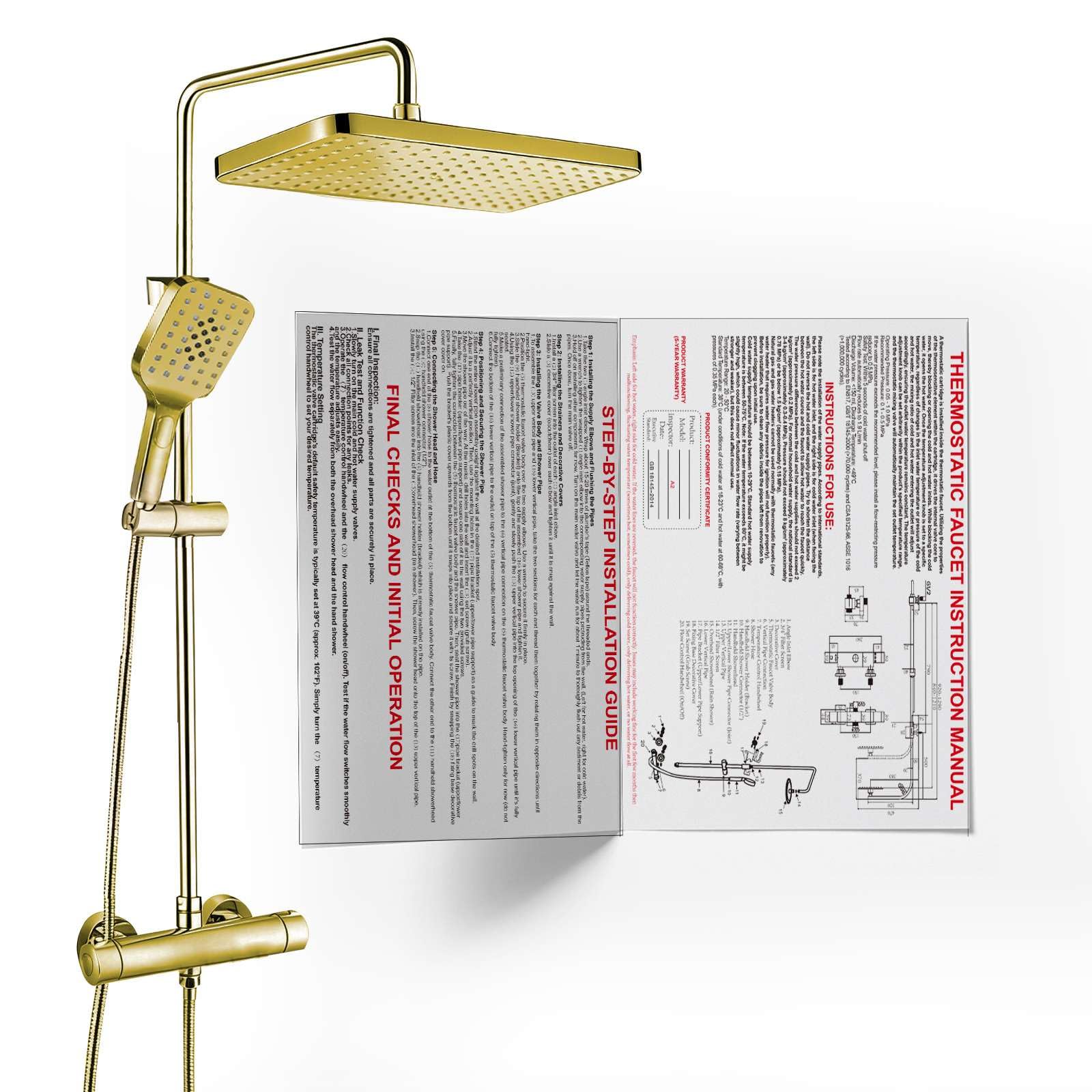 Système de douche thermostatique colonne de douche dorée avec barre