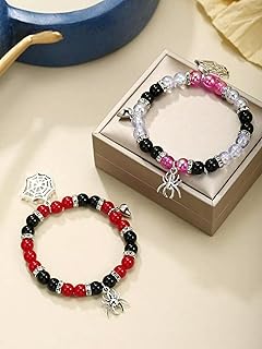 2 Pulseras de Cuentas Rojas y Rosas a Juego para Parejas, Colgante de araña elástico