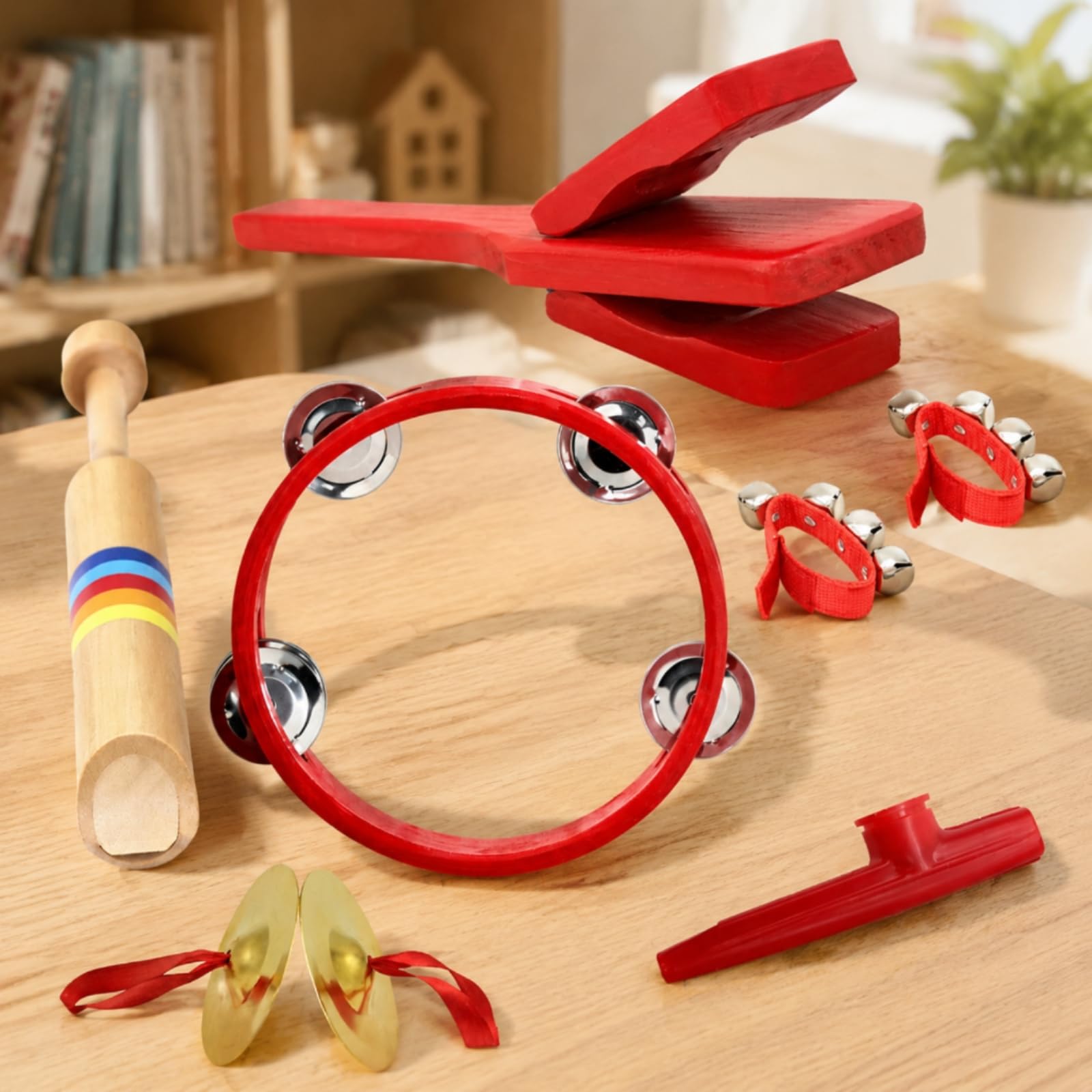 Set da 6 Percussioni Musicali per Infanzia con Tamburello a Mano Raganella in Legno Cimbali per E Sonagli da Polso per Stimolazione Sensoriale E