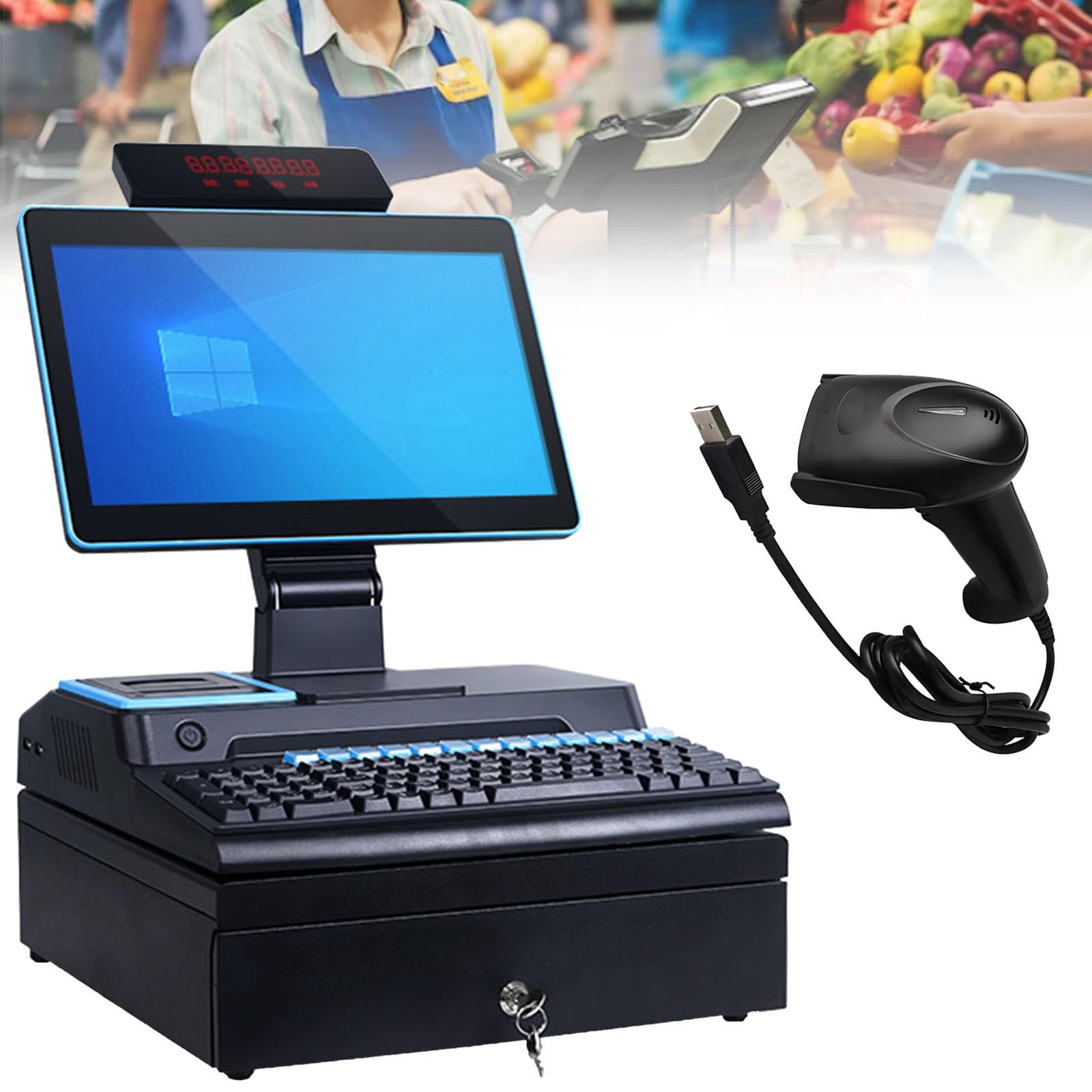 PtaTritious POS Cash Register for Small Business, Cash Register for Retail, with 15.6-inch Touch Screen PC, 58mm High-Speed Printing, for Business and Business, Windows 10 C-8+128GB