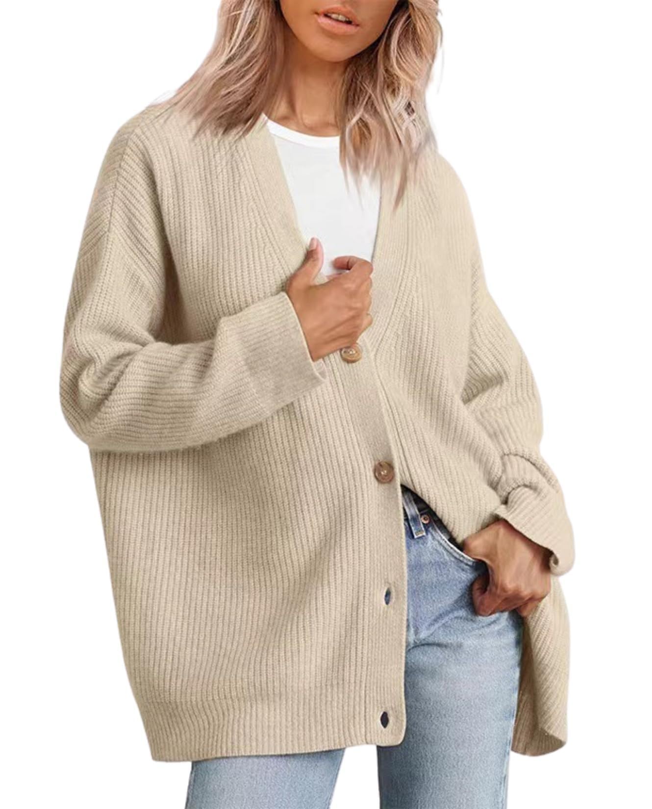 Womens Cardigan Casual Sweater Oversized Long Sleeve V-Neck Button Cardigan Top for Vacation and Daily Life