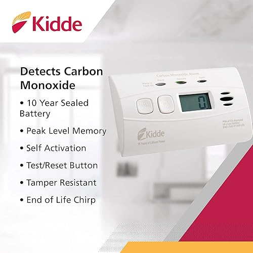 Miniatura 3 de Kidde Detector de monóxido de carbono con batería de 10 años, pantalla digital, 3 LED, indicador de repuesto y detector de humo, batería de 10 años,