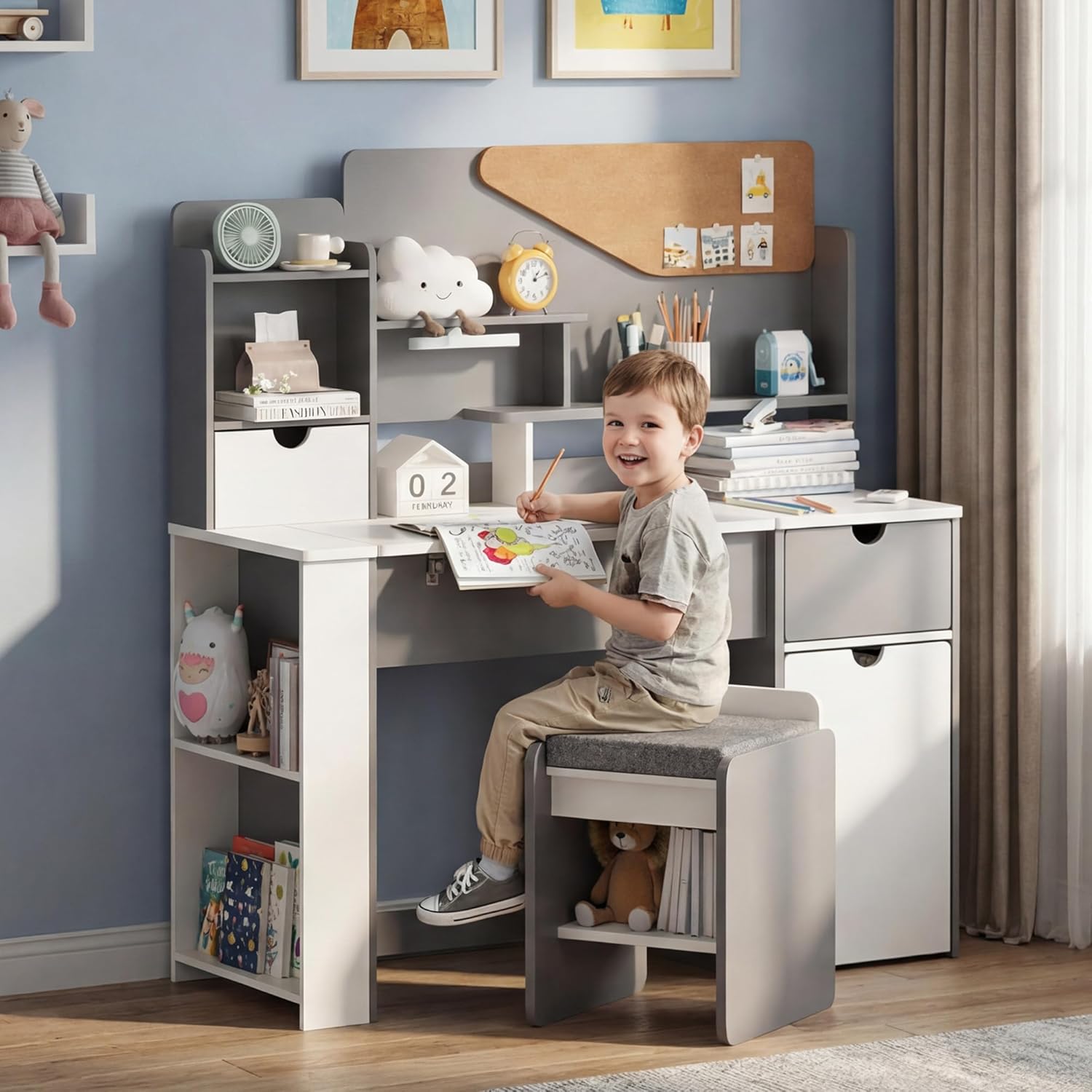 smilesun Kids Desk and Chair Set, Wooden Study Table with Tiltable Desktop, Hutch, Drawer & Storage Cabinet, Multi-Functional Writing Desk for Kids Ages 5-12, Ideal for Bedroom (Grey)
