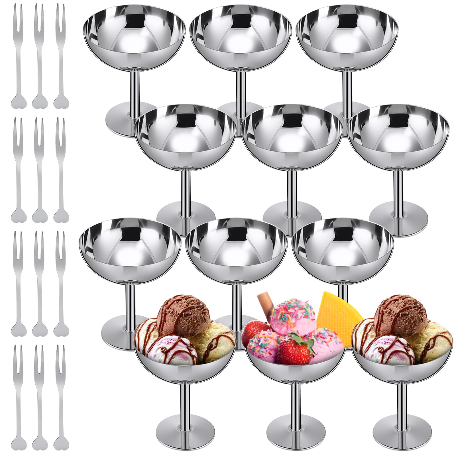 Photo 1 of Reallnaive 12 Sets Stainless Steel Ice Cream Cups Bulk Silver Dessert Bowls with Forks 6.7 oz Small Metal Footed Cup for Serving Pudding Salad Fruit Sundae Summer Birthday Party Supply