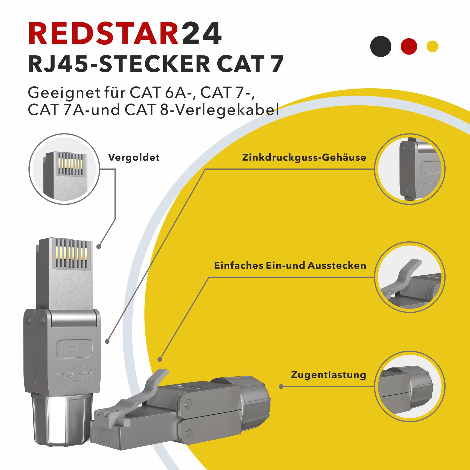 RedStar24 Connettore RJ45 senza attrezzi CAT 7 - Connettore di rete per cavo di posa AWG 22-24 - Cavo di rete LAN CAT7 CAT6a - schermato - LSA convertibile - 10 Gbps - 6 pezzi