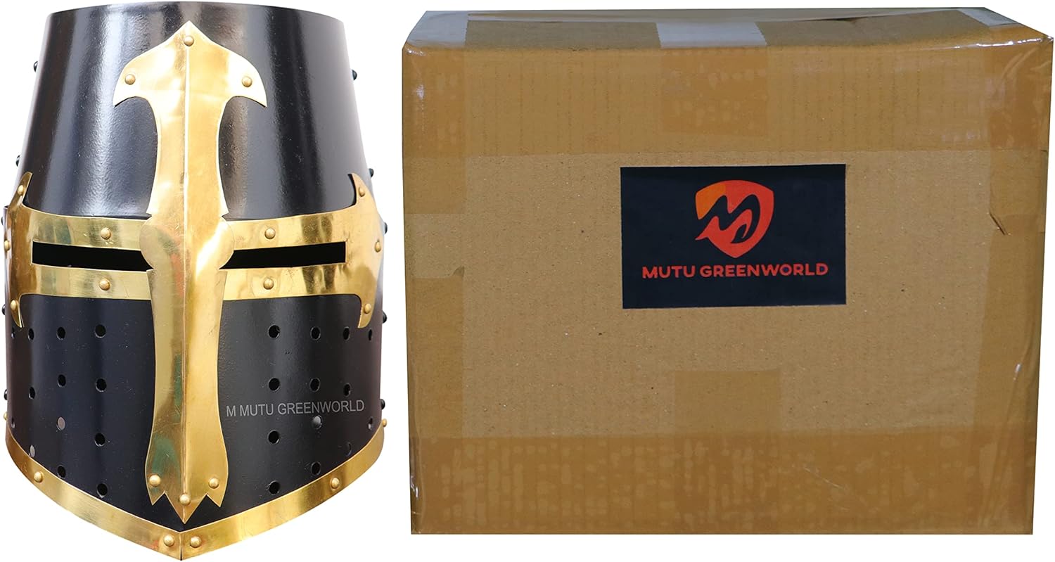MUTU GREENWORLD SHEL03 Medieval Templar Crusader Knight Helmet – Black & Golden Armor Replica for Cosplay, Halloween, LARP, Costume Props