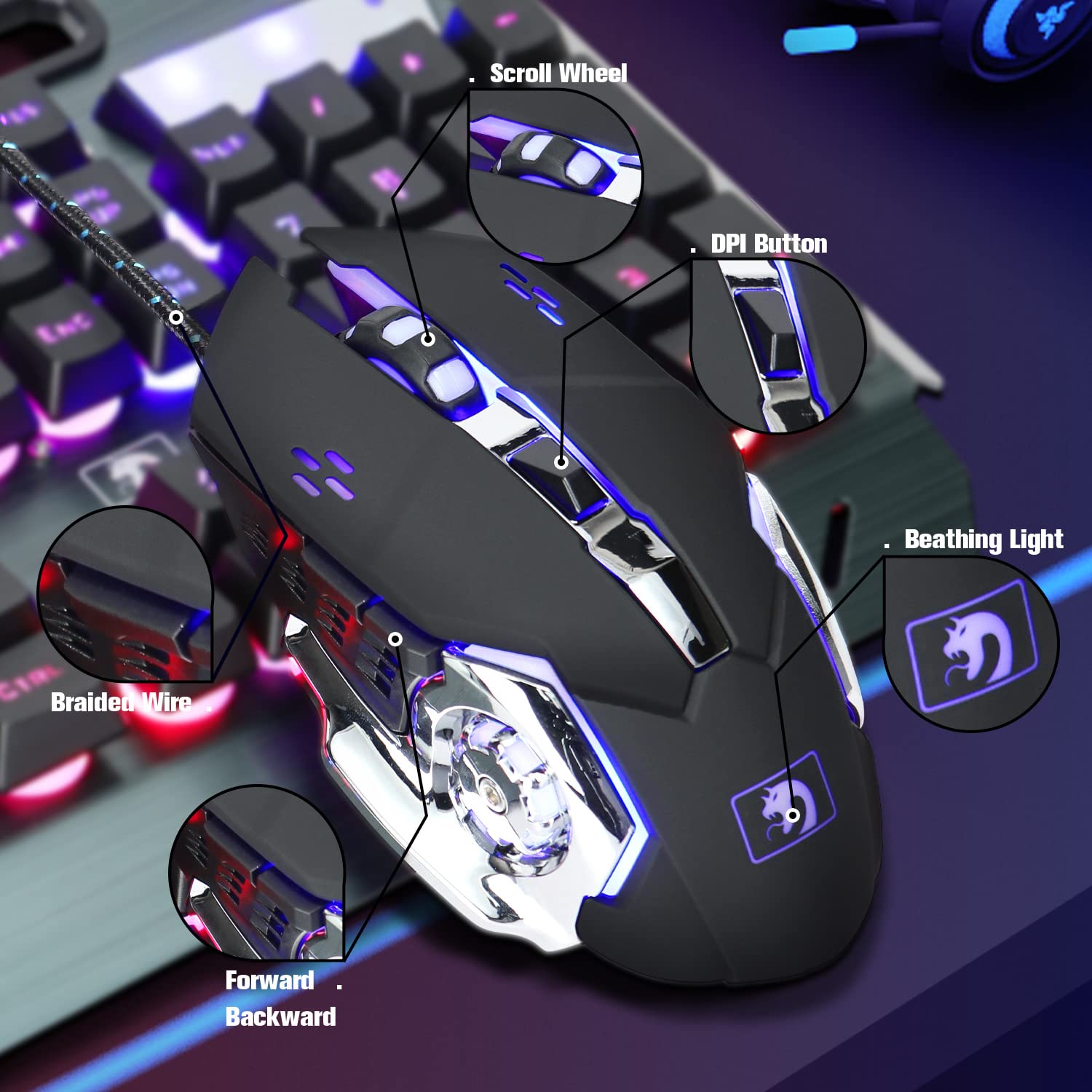 Gaming-Tastatur und Maus-Kombination, graue Metalllegierung,16 LEDs RGB-Hintergrundbeleuchtung, kabelgebunden USB-Tastatur mit Handgelenkauflage + 3200 DPI LED atmende Maus mit Hintergrundbeleuchtung