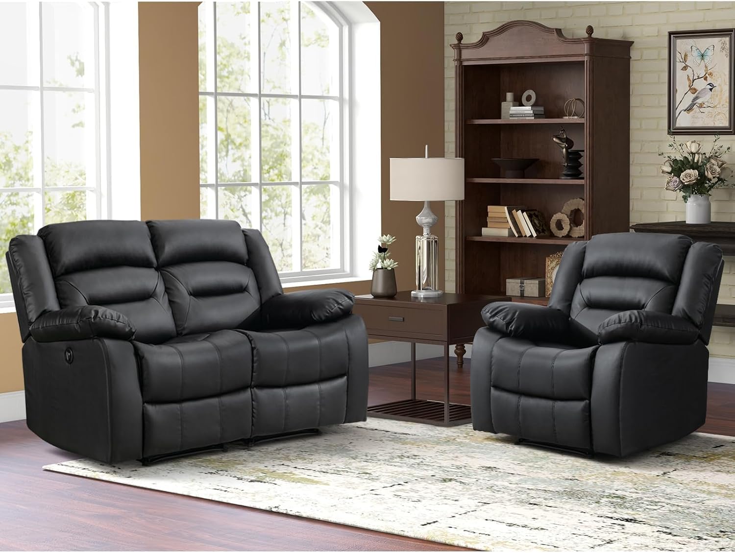 EBELLO Faux Leather Power Recliner Chair, Oversized Electric Overstuffed Reclining Chair with Thick Cushion and Back, Single Sofa with Comfortable Armrest, USB Charge Port, Black (Recliner)
