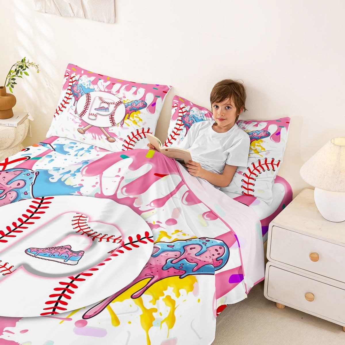 Homewish Zestaw prześcieradeł baseballowych podwójne urocze estetyczne lody kapanie prześcieradła pastelowe różowe graffiti sport kij baseballowy pościel - Gelato chłopiec litera P inicjał monogram