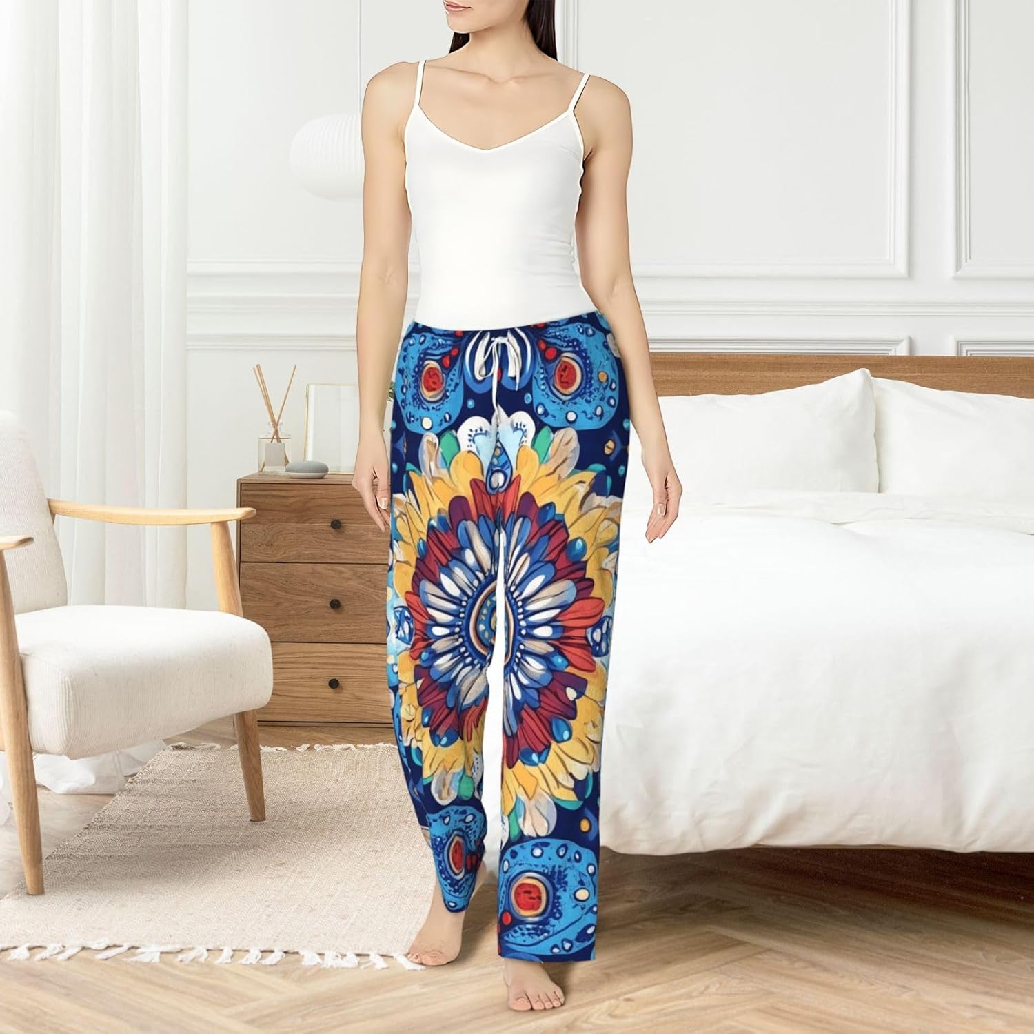 Women'S Colorful-Mandala-Texture Fleece Pajama Pants, Cozy Flannel Lounge Bottoms For Women
