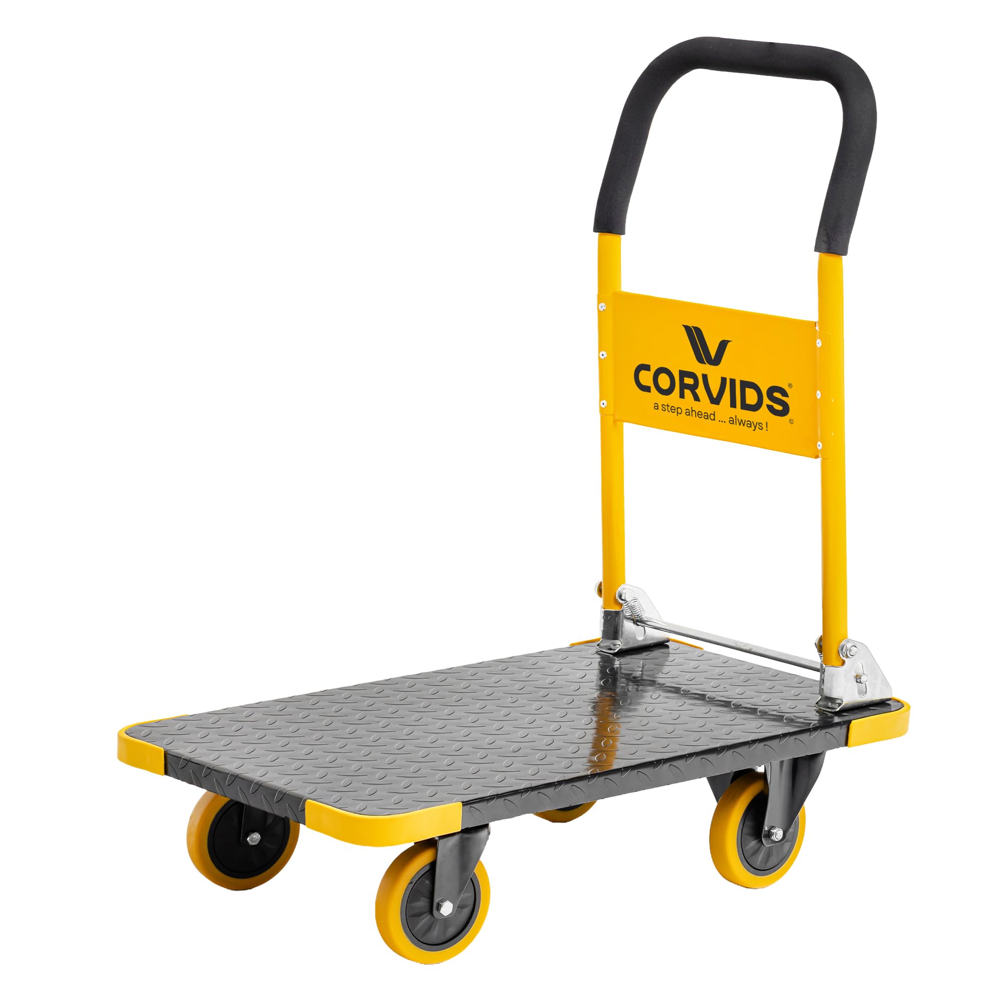 Corvids 200 Kg Heavy-Duty Folding Metal Hand Platform Trolley/Truck | 2-Year Warranty | Portable & Compact Industrial Dolly Cart with 360 Rotating Wheels for Home, Office & Warehouse Use