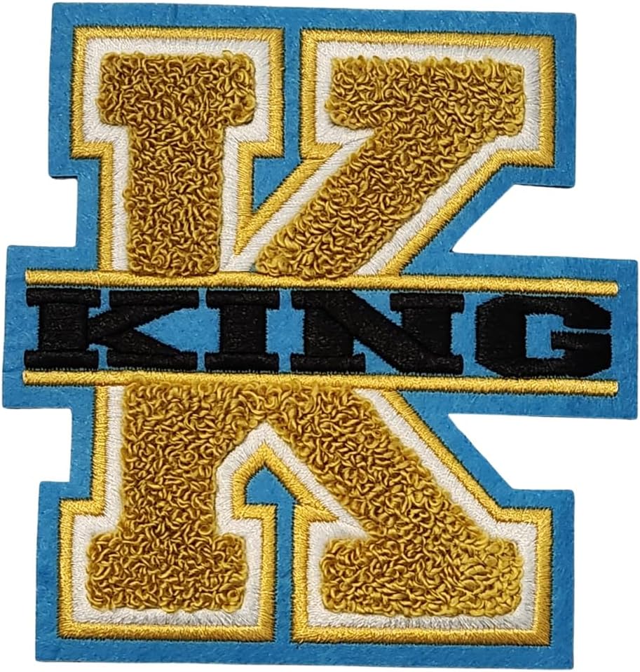 K King, Chenille Iron-on Patch, Size 6", Gold|Blue|White|Black, Patch for Men's Jacket, Hoodies, & More