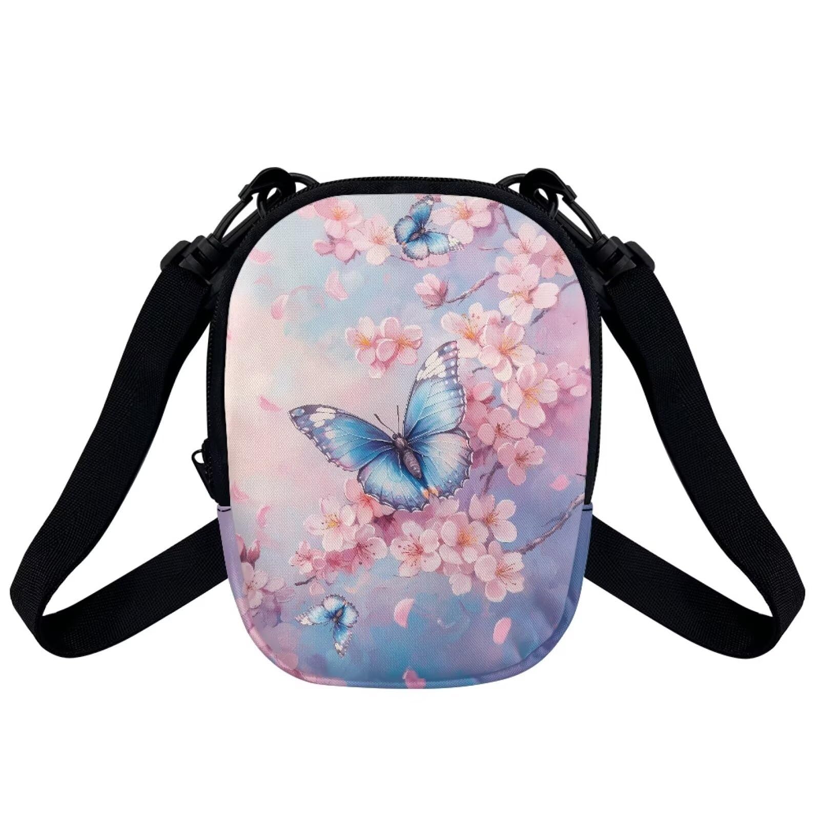 Suobstales Butterfly Cherry Blossom Print Cellphone Crossbody Purse for Women Small Shoulder Bag Messenger Bags Clutch Tote Bag with Zipper Pockets Stuff Sack Credit Card Holder