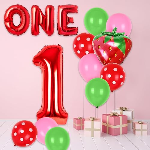 Miniatura 6 de Waline 30 piezas de decoración de primer cumpleaños de fresa, globo número uno, letra uno, globos rosas y verdes para decoración de fiesta de primer