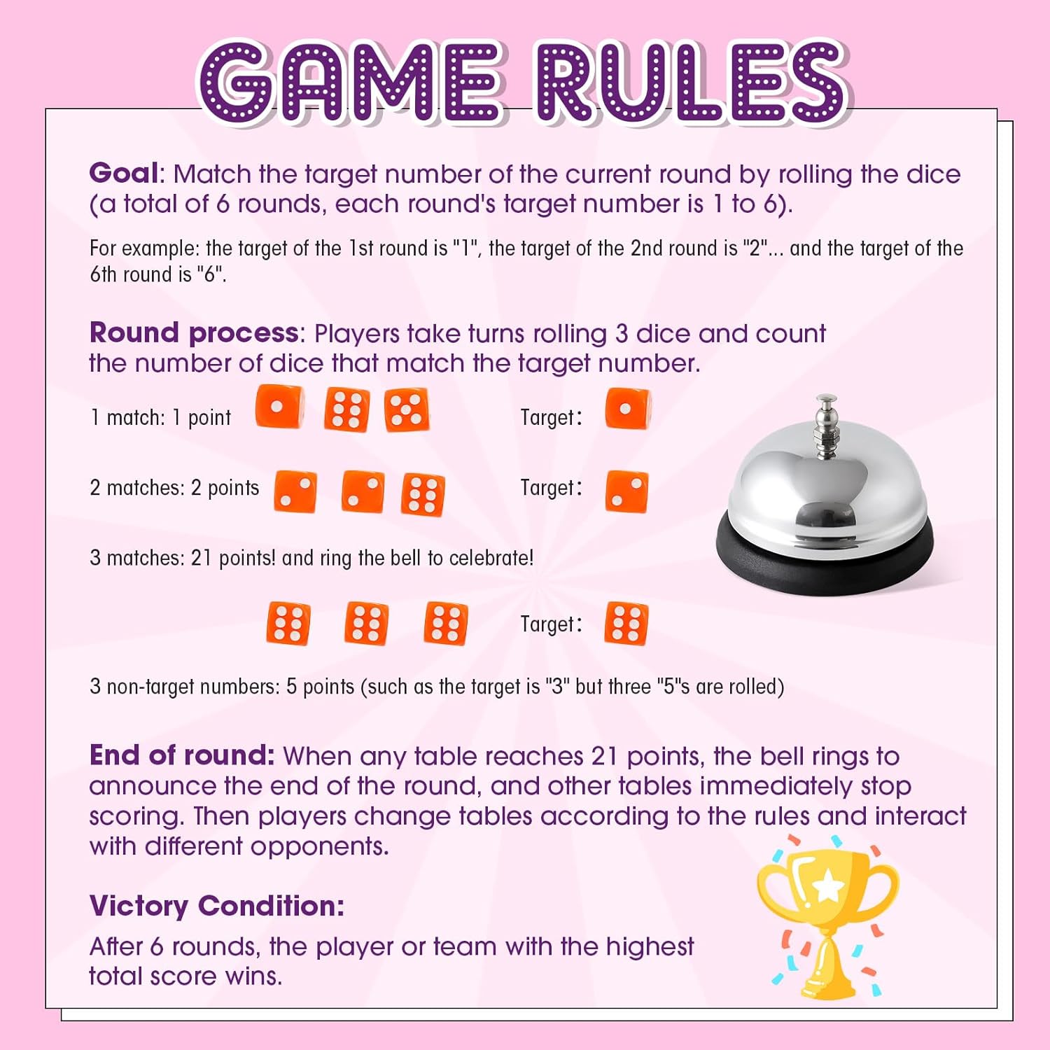 6 Sets Bunco Game Kit Party Supplies for Ladies Night Family Group Board Games 72 Colorful Dice 6 Bells 6 Dice Cups with Lids Christmas Bunco Gift for Women up to 6 Groups of 2-12 Players