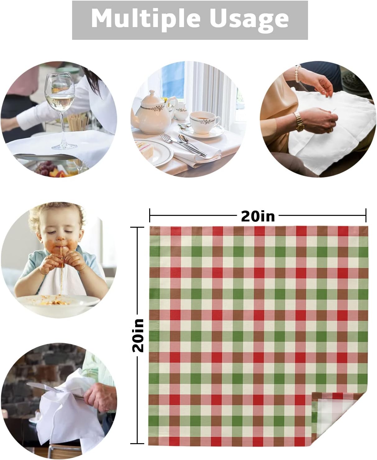 8 PCS Soft Cloth Napkins, Napkins Cloth Washable, Christmas Lattice Vintage Farm Red Green Plaid Reusable Dinner Napkins for Wedding, Party, Easter, Dinners (20"x20")