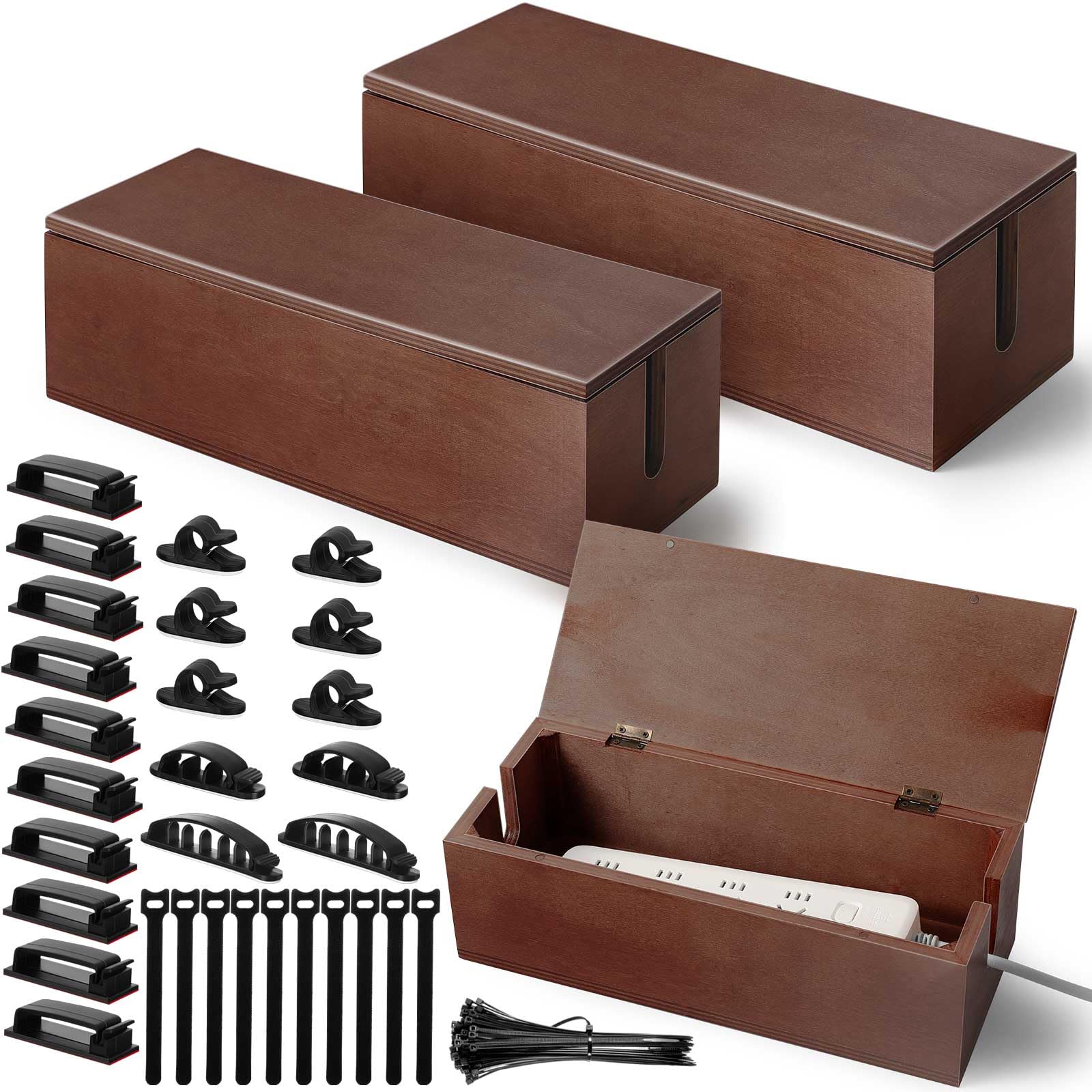 Juego de 3 organizadores de cables de madera de 3 tamaños con kit de gestión de cables de 130 piezas, soporte de cable oculto de escritorio para ocultar cables de regletas (color nogal)