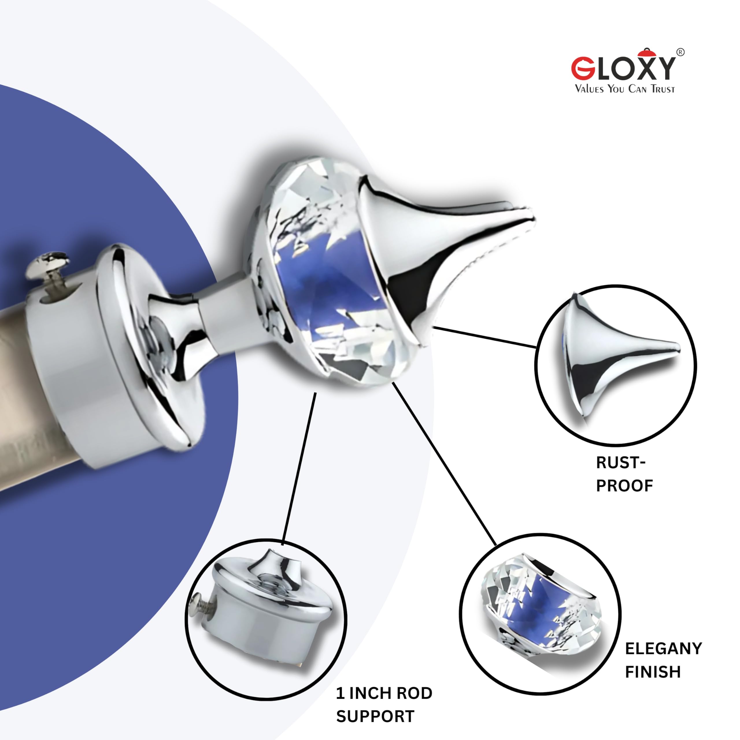 GLOXY Aluminium Single Diamond Curtain Brackets Finials Chrome Finish with Blue Crystal Combo Pack of 6 Pairs for 1 Inch Rod - Curtain Holders with Wall Support Fittings for Windows & Doors 2
