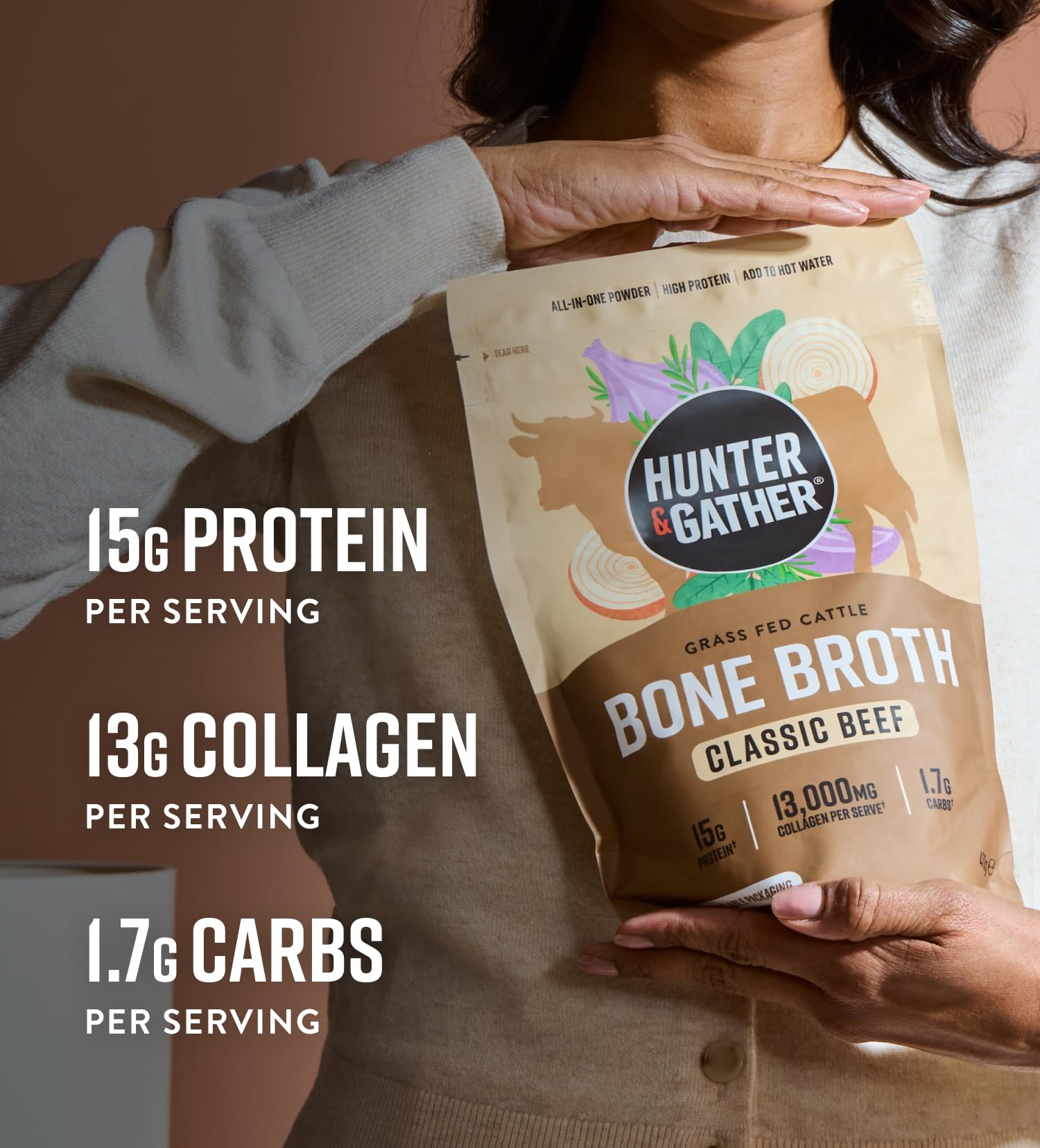 Hunter & Gather Brodo di Ossa di Manzo in Polvere 400g | 15g di Proteine & Collagene da Bovini Europei Nutriti a Erba | Istantaneo, Senza Glutine | Non Serve Refrigerazione | 74 kcal/porzione