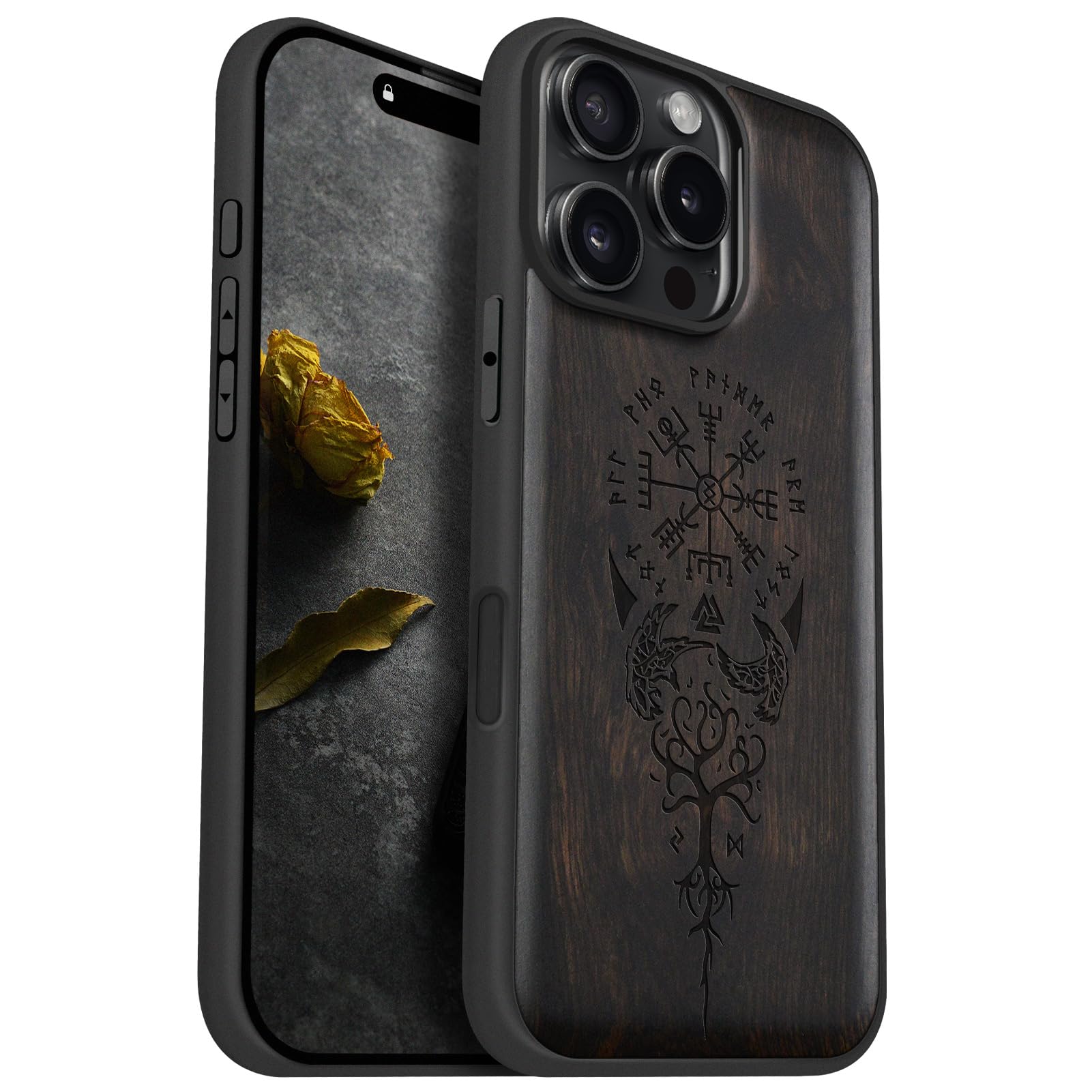 Carveit Magnetic Wooden Case for iPhone 16 Pro Max Case, Wood Artisan Engraved & Black Soft TPU Shockproof Cover, Compatible with MagSafe Wireless