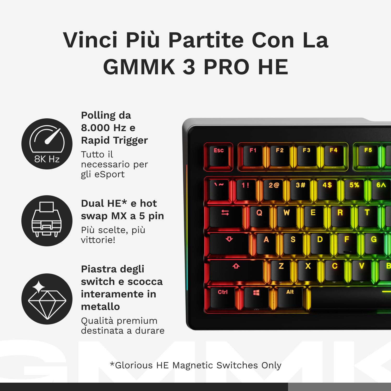 GLORIOUS Gaming GMMK 3 PRO HE: tastiera Rapid Trigger, Hall Effect, scocca alluminio modulare, polling 8K, switch hot swap MX e magnetici, guarnizioni modulari, TKL 75%, QWERTY inglese - Layout