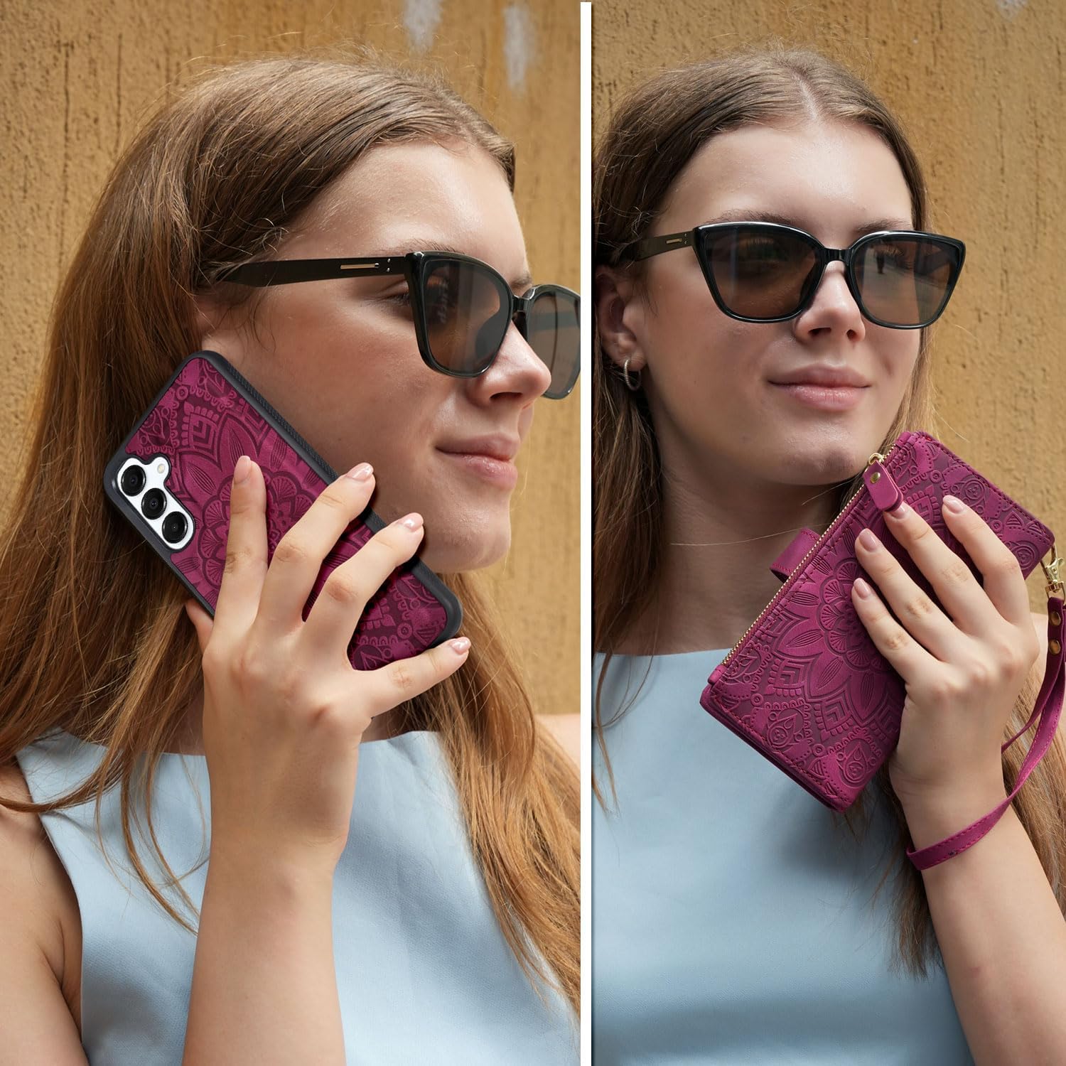 Harryshell Detachable Wallet Case Compatible with Samsung Galaxy A16 Phone Case with Cash Coin Zipper Pocket Multi Card Slots Holder Wrist Strap Lanyard (Flower Wine Red)