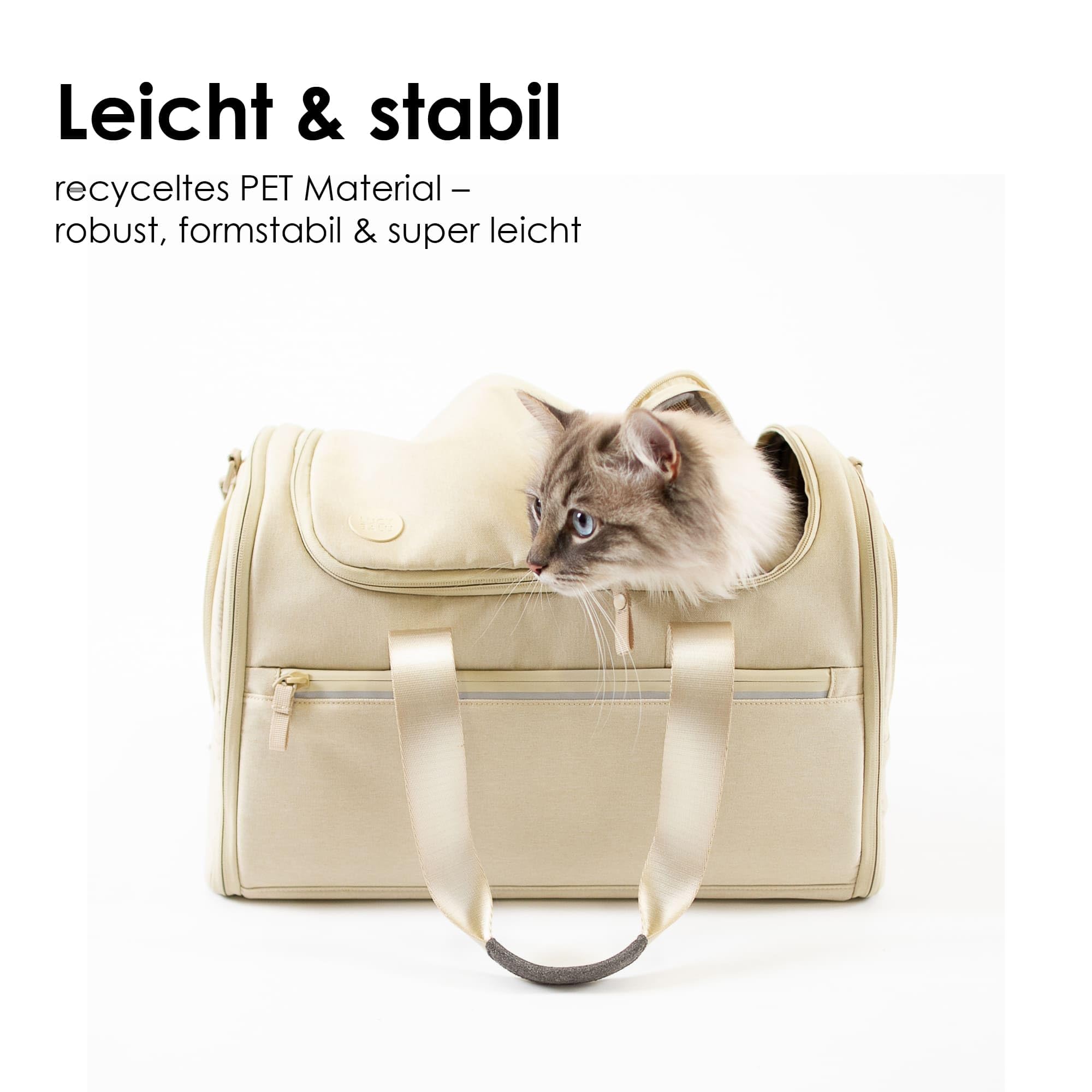LucyBalu® Check-IN Katzentransporttasche flugtauglich I Tragetasche aus recyceltem Material I Netzfenster & Sicherheitshaken I waschbares Inlay I Sand