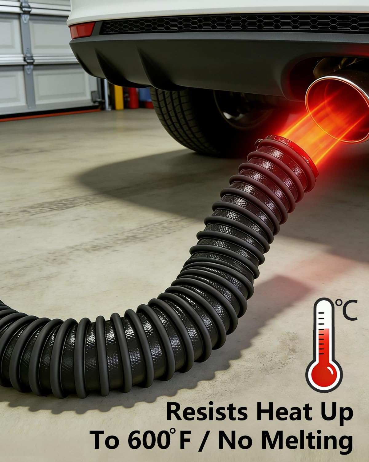Car Exhaust Hose for Garage - 2.5" ID x 11' Heavy Duty, EPDM Rubber Automotive Tailpipe Vent Pipe, 600°F Heat Resistant & Crush-Proof, Spliceable Car Exhaust Extension for Auto Shop Overhead