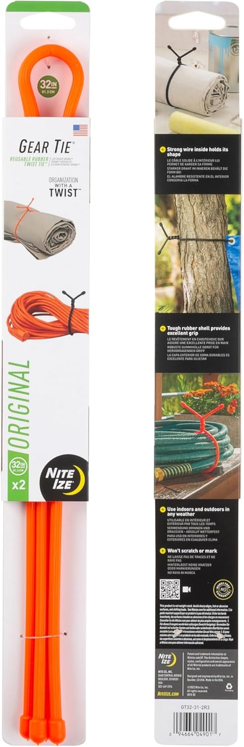 Nite Ize Gear Tie Reusable Rubber Twist Tie - Bendable Rubber Ties for Indoor and Outdoor Use, Reusable Multipurpose Twist Ties for Organizing and More, 32", Bright Orange, 2 Pack