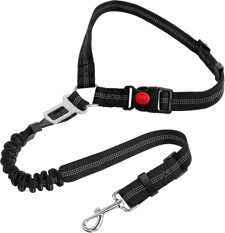Cinto de Segurança para Cães YAODHAOD com Arnês, Ajustável e Elástico com Mosquetão Giratório 360° (Preto)