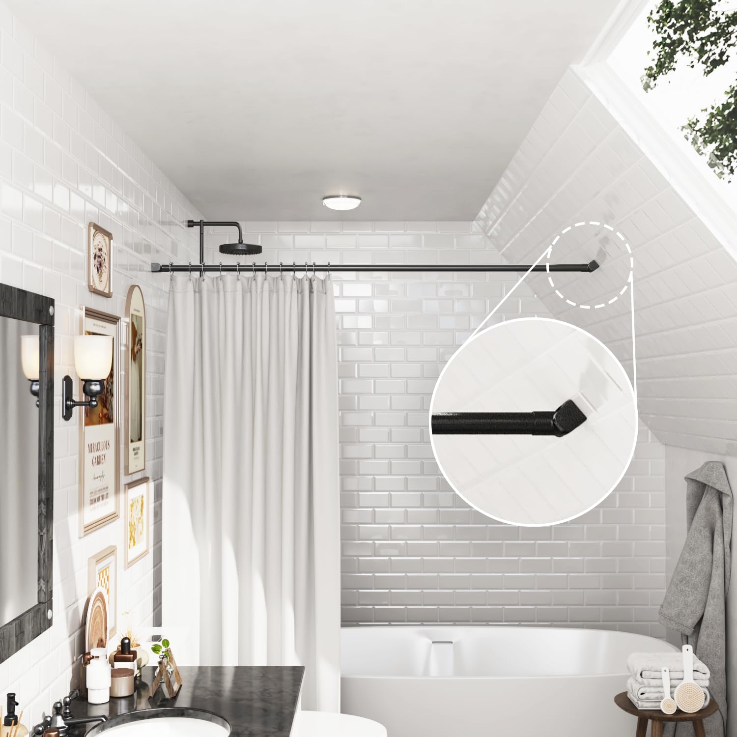 Naiture 60'' Straight Shower Curtain Rod with Swivel Flange or Bracket, Black Finish