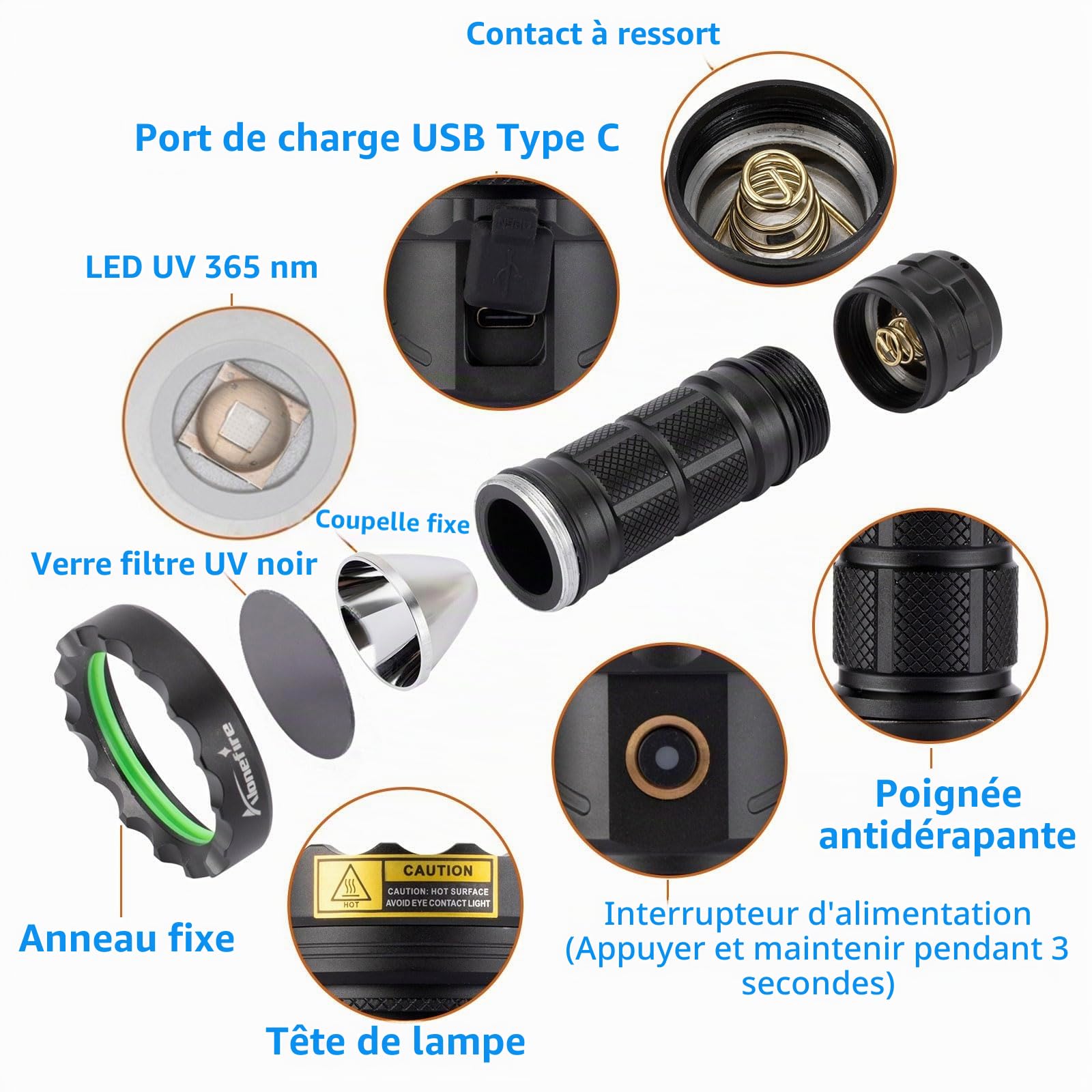Alonefire SV52 25W Lampe Torche UV LED 365nm Rechargeable Lampe Ultraviolet Lumiere Noire Détecteur D'urine pour Resine, Pêche, Scorpion, Minéraux, Ambre avec Lunettes de Protection UV, Batterie