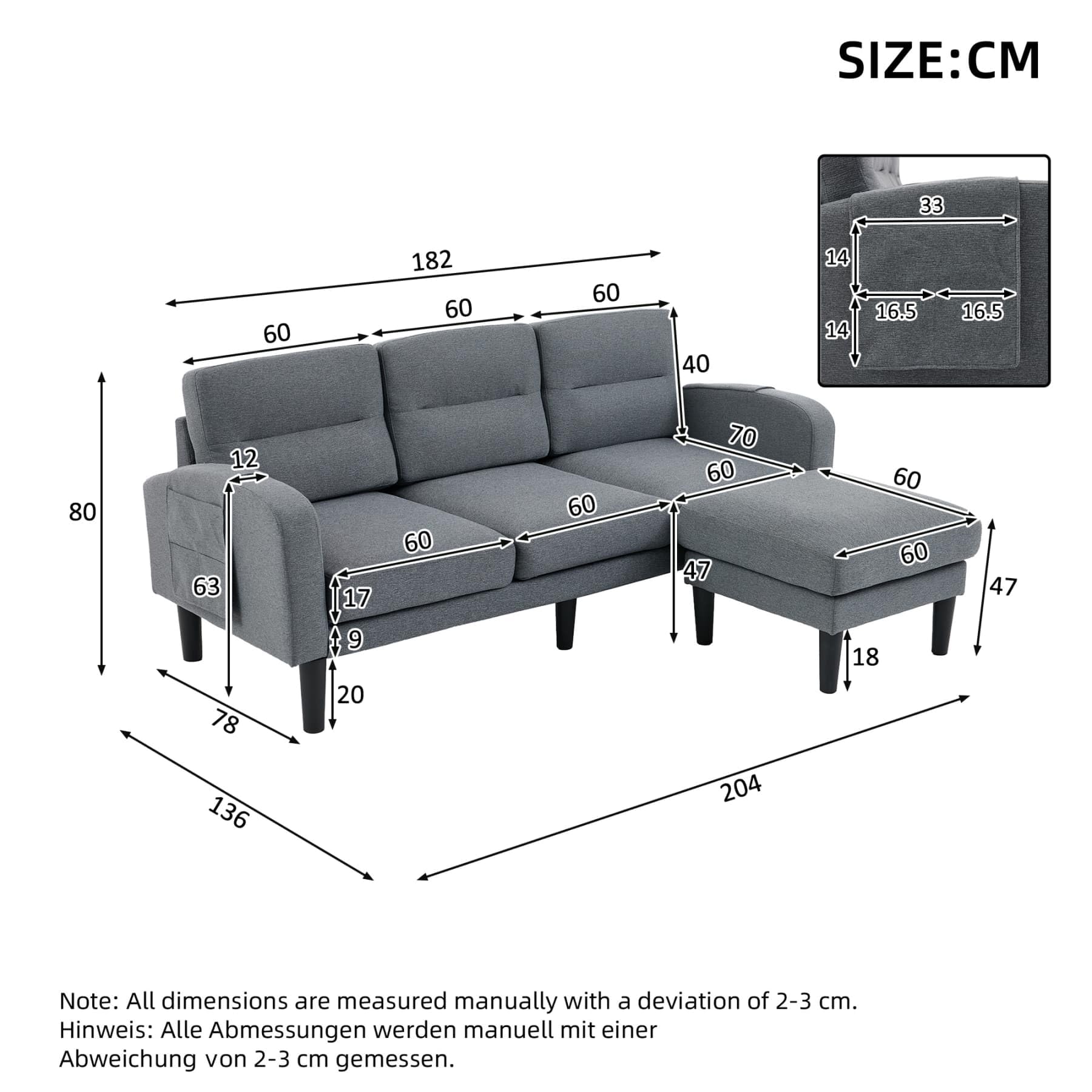 YEHTOKHOME Canapé d'angle en L à 3 Places avec Repose-Pieds,Gris