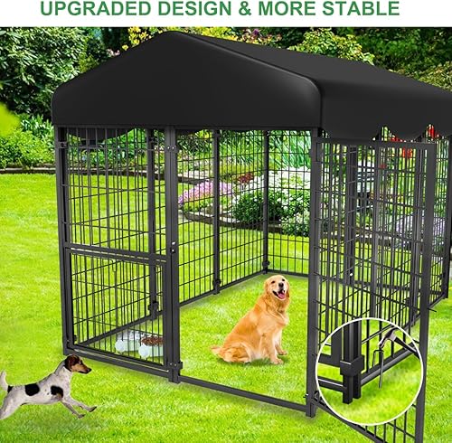 Miniatura 12 de Perrera para perros al aire libre, 4 x 4.2 x 4.5 pies, perrera exterior con techo, perreras grandes con puerta giratoria y 2 cuencos ajustables