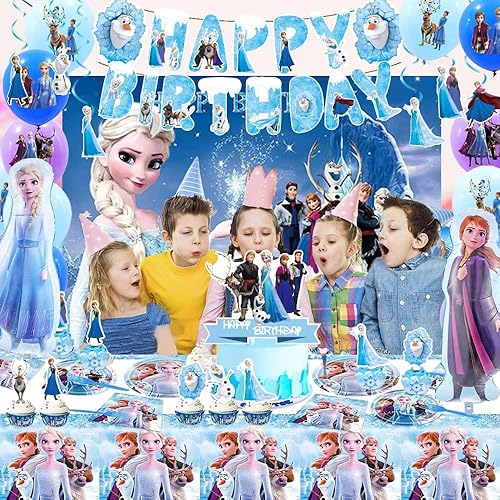 Miniatura 5 de Decoraciones de fiesta de cumpleaños de Frozen, suministros de fiesta de Frozen, incluyendo telón de fondo, pancarta de cumpleaños, remolinos