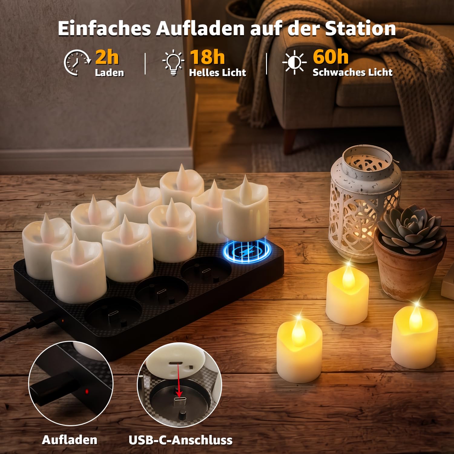 Ollny 12 Stück LED Teelichter Wiederaufladbar mit Timer & Fernbedienung | 5 Stufen Dimmbar, lange Akkulaufzeit, Elektrische USB LED Kerzen für Hochzeit, Laternen, Tisch Deko zu Weihnachten, Halloween