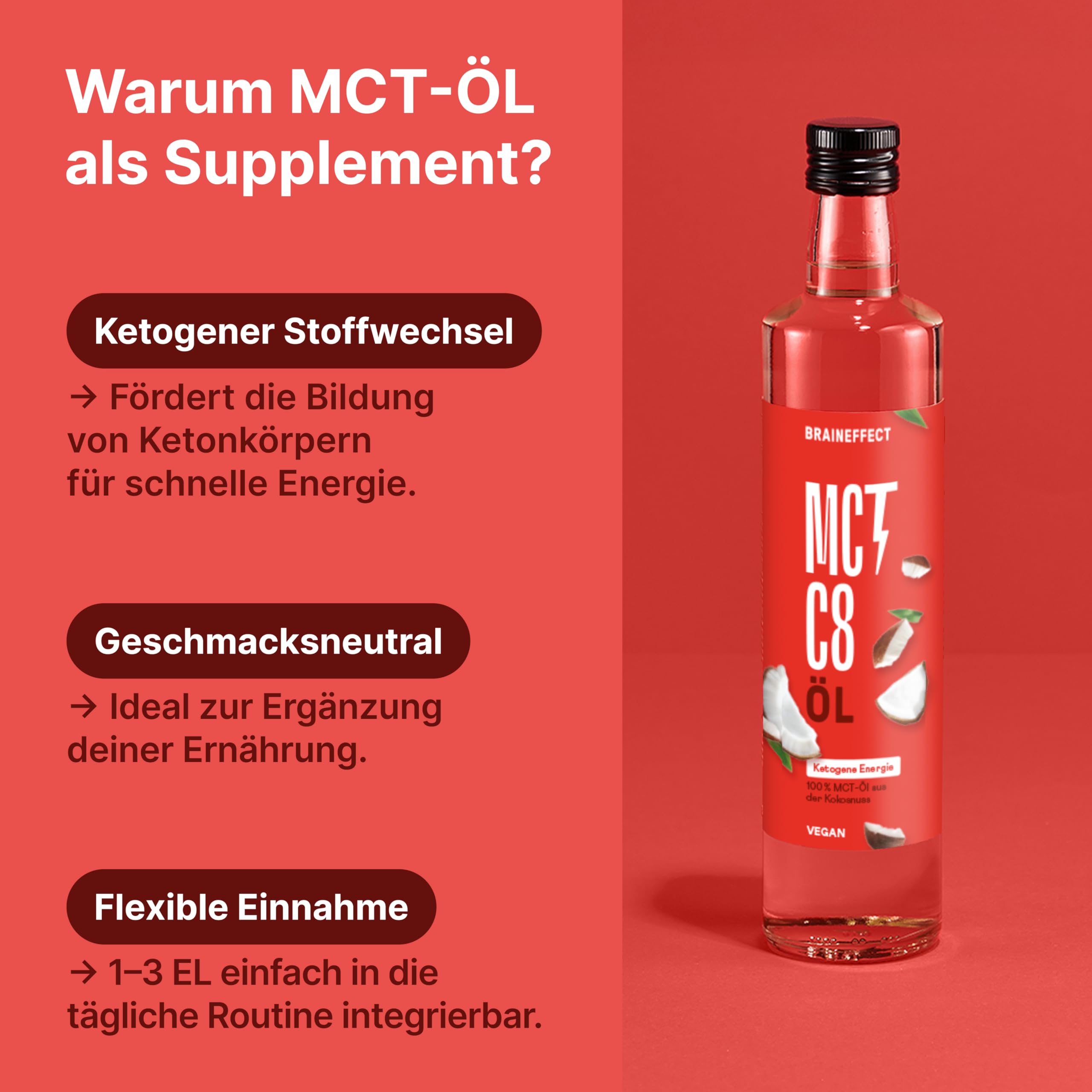 BRAINEFFECT MCT-Öl C8 - Bildet 300% mehr Ketone als andere MCT-Öle (>97% C8) - Ketogene Ernährung - Reiner Extrakt aus Kokosnussöl - Ideal für ketogene Diät & Bulletproof Coffee (500ml)