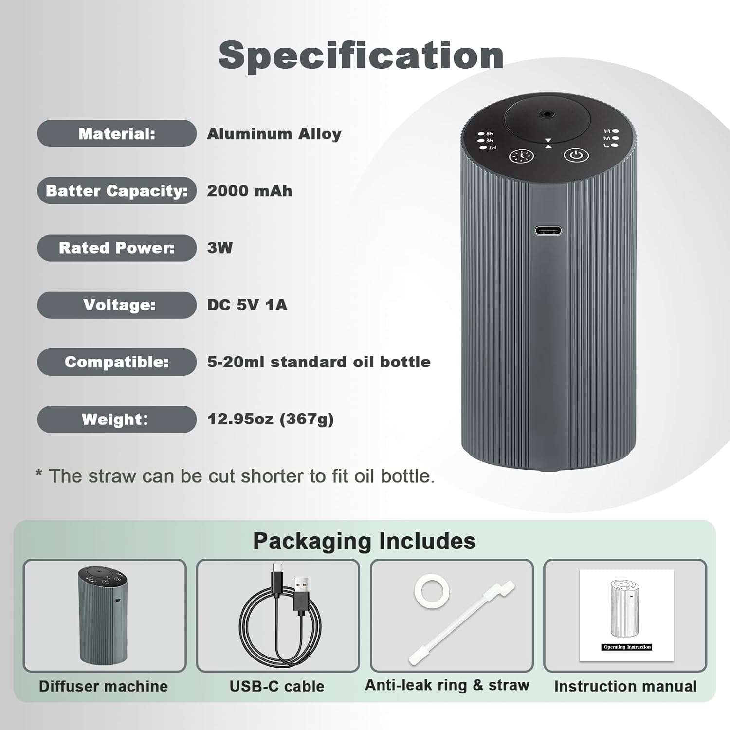 Waterless Essential Oil Diffuser for Home Car Office, Scent Diffuser with 4 Timer (1/3/6H & Off) & 3 Mist(L/M/H), Rechargeable Aromatherapy Diffuser, Portable Mini Air Aroma Diffuser, Silver Grey - Image 8