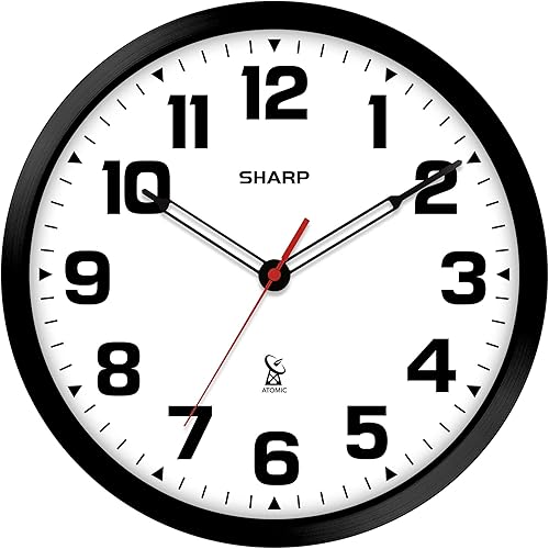 Sharp Reloj de pared analógico atómico de 12 pulgadas, marco negro elegante, funciona con pilas, fácil de leer, fácil de usar, diseño y estilo