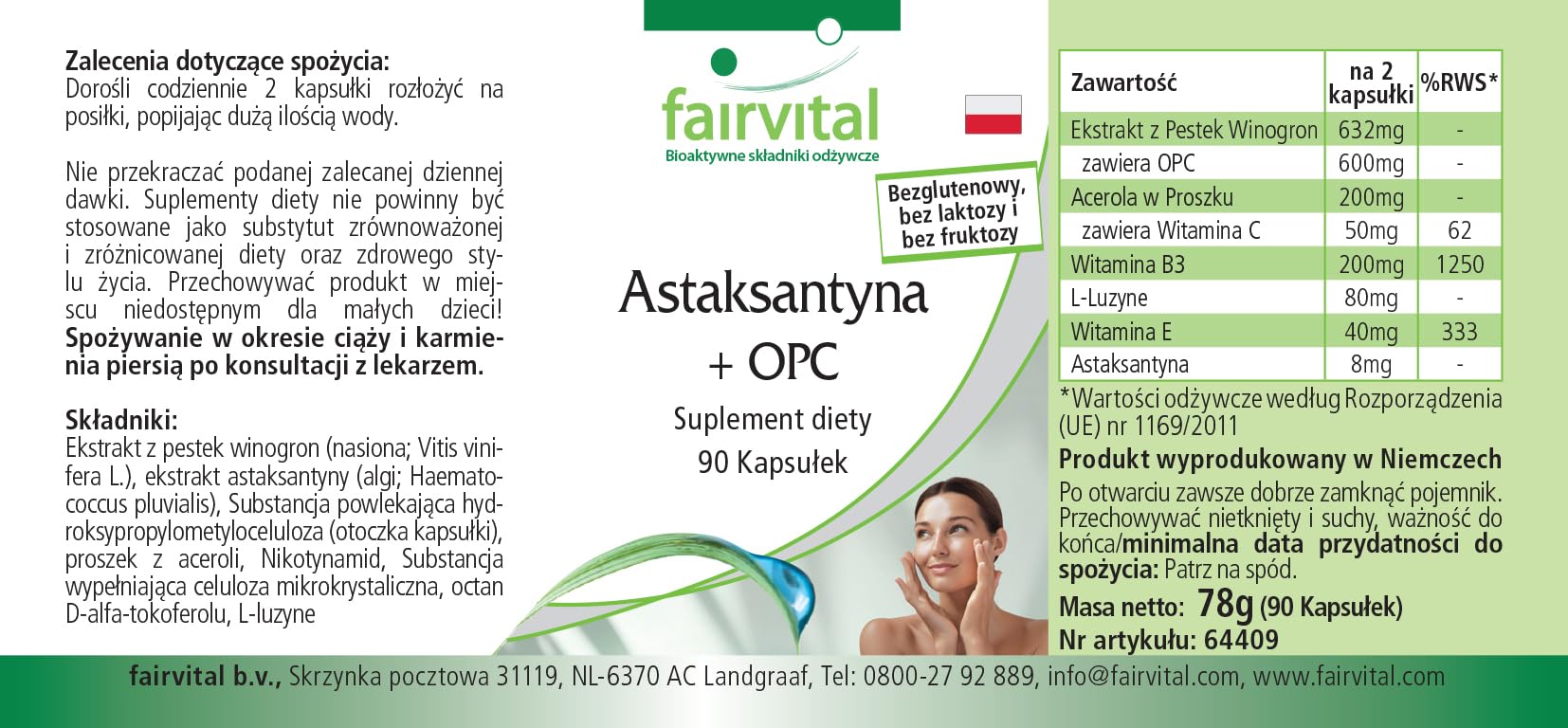 fairvital Astaxanthine + OPC, 90 gélules, avec vitamine c d'acerola, nicotinamide (vitamine B3) et vitamine E, qualité certifiée et hautement dosé, 100% végétalien, fabriqué en Allemagne