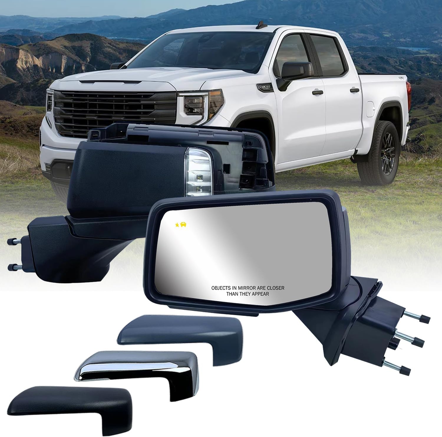 Driver Left Side Door Mirror Power Heated with BLIS(Blind Spot Light) Glass Puddle and Signal Light Chrome Pirmer and Textured Back Cover for Chevrolet Silverado 1500 from 2019 to 2024
