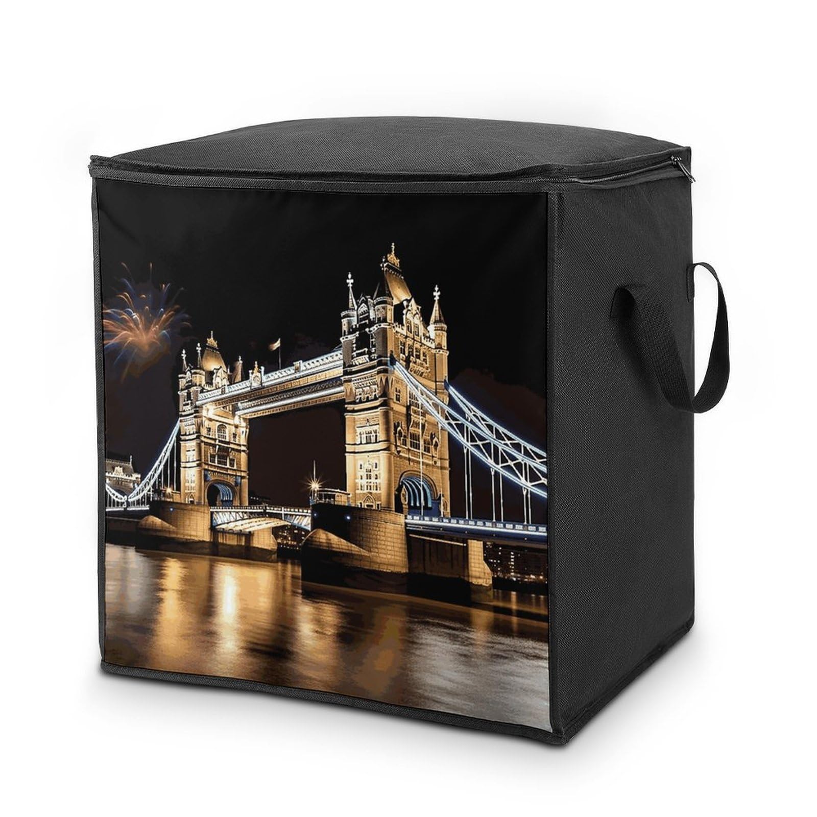 Night London Tower Bridge Storage Bag with Zippers And Handle Extra Large Bedding Comforter Storage Bag Foldable Blanket Storage Bags Fabric Moving Bags for Closet Organizer (70L)
