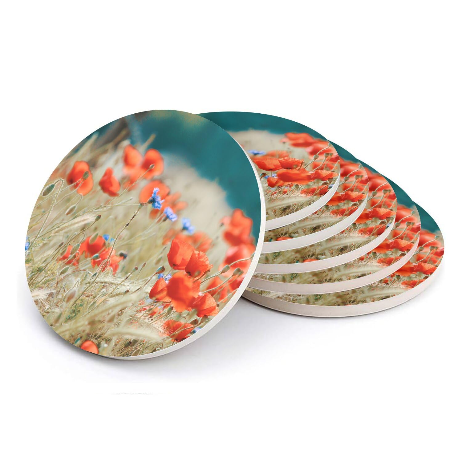Sous-verre ronds en céramique champ de coquelicots lot de 6 dessous de verre nature 108x108mm