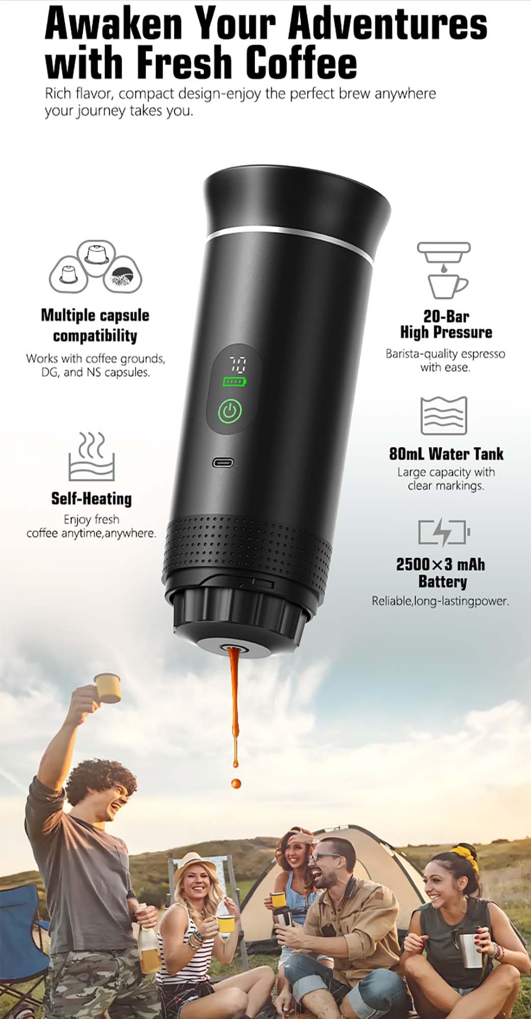 VHV - Cafetera portátil 3 en 1, recargable portátil de viaje, 12 V espresso Machine a Cafe para cápsula, café molido, para camping, viajes, oficina, coche, casa (negro)