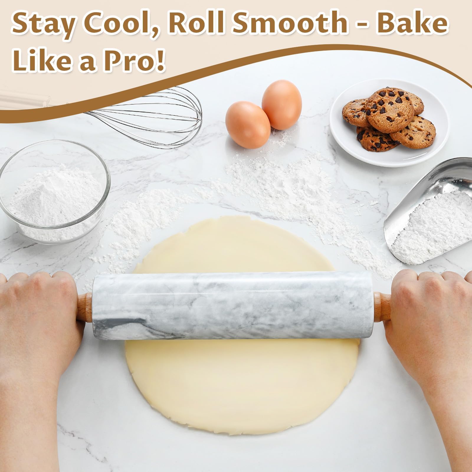 Mattarello in marmo – Mattarello in marmo da 48 cm per cottura, pasticceria, pasta per pizza e altro ancora, superficie lucida antiaderente, rullo per impasto lungo con manici e base in legno