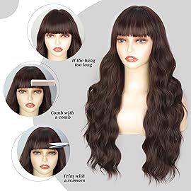 Lativ Brown Wig With Bangs Long Wavy Reddish Brown Wigs Synthetic Heat Resistant Curly Wigs for Women Daily Party Use 26 Inches