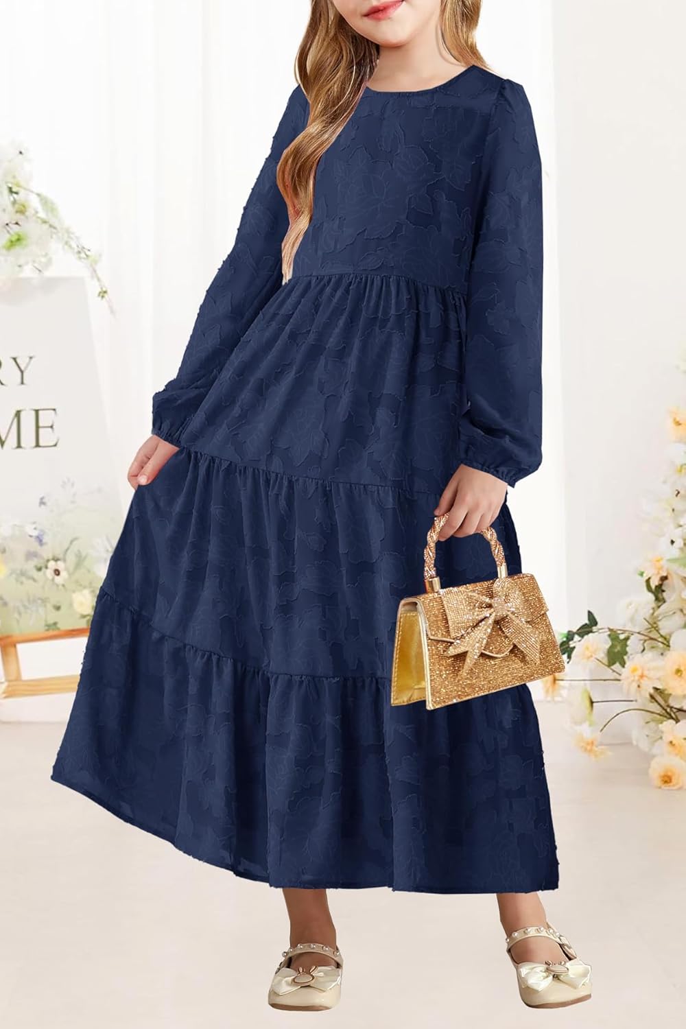 MITILLY Girls Fall Long Sleeve Dress Boho Flower A-Line Ruffle Tiered Flowy Maxi Dresses for Wedding Party 6-12 Years - Image 4