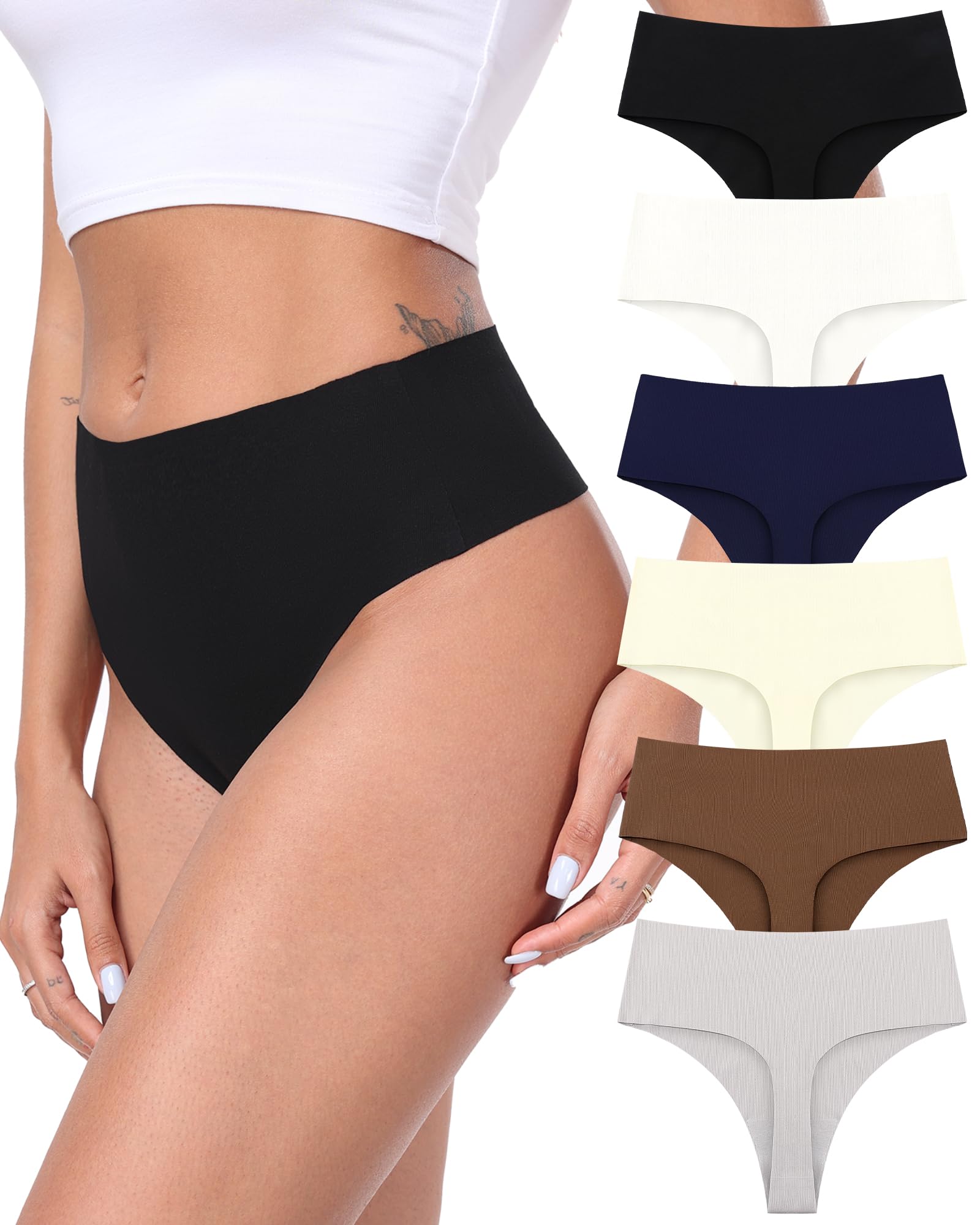 AYMEFF Cotton Thongs for Women High Waisted Seamless No Show Thong Stretchy Comfort Panties S-XL