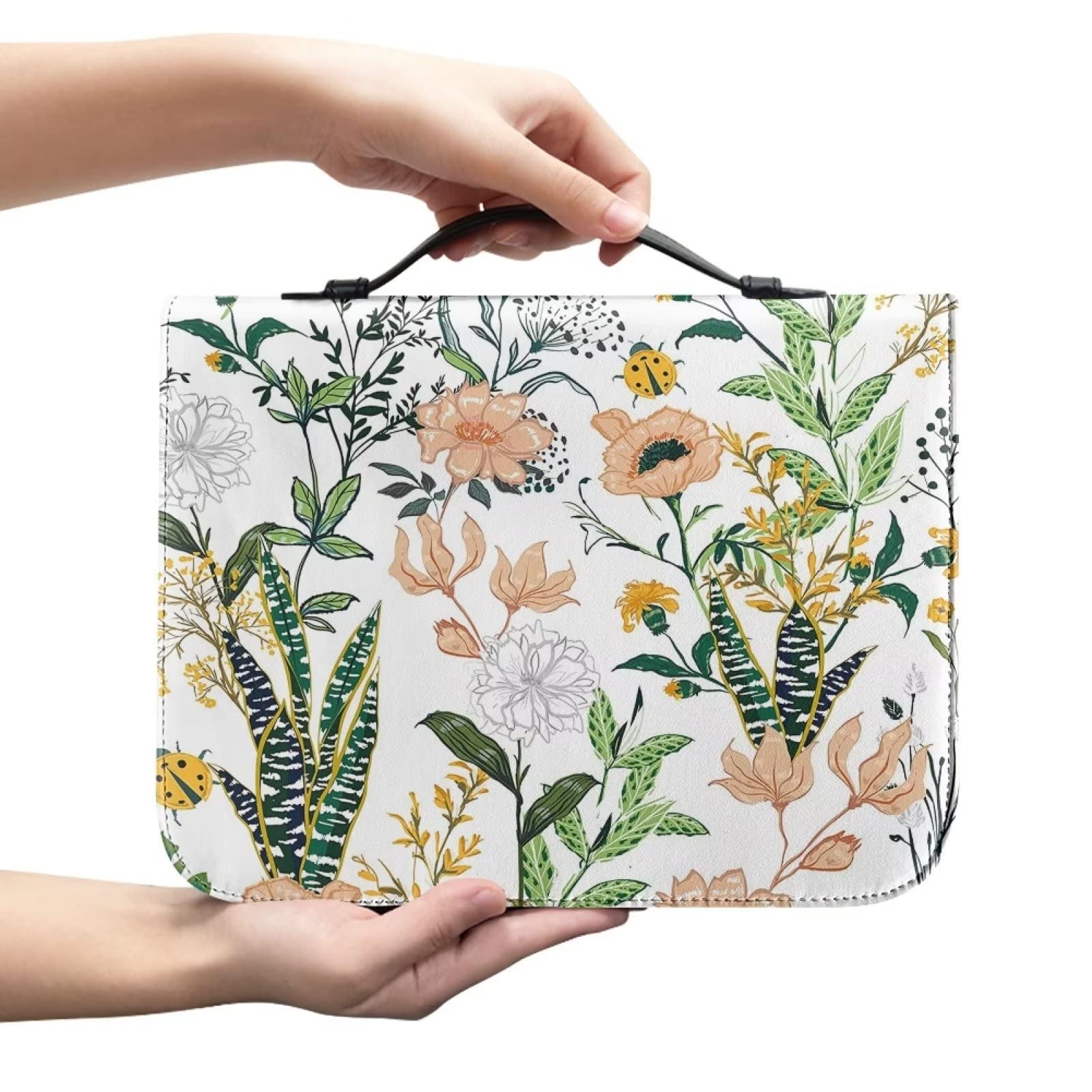 SEANATIVE Vintage Flower Print Bible Cover Carrying Book Case PU Leather Bible Protective Bag with Handle Zipper for Study Bible